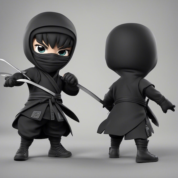 Foto ein 3d-ninja-cartoon-spielfigur-junge aus schwarzem stoff mit grasnarbe, klarem, weißem hintergrund