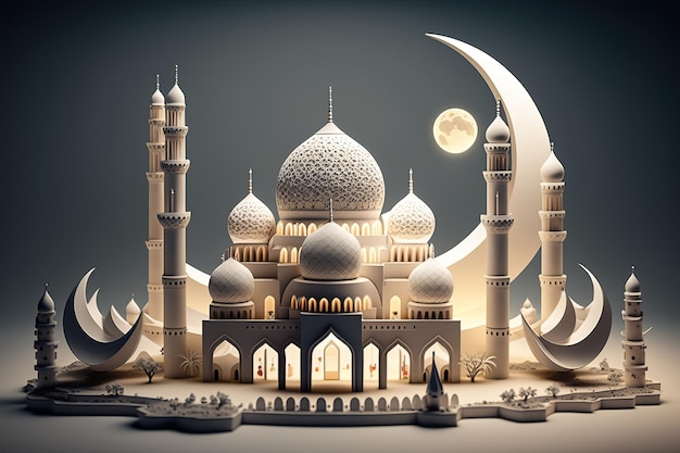 Ein 3D-Papiermodell einer Moschee mit einem Mond im Hintergrund.