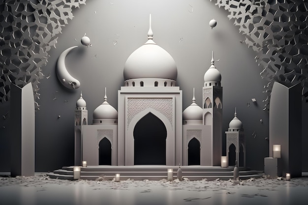 Ein 3D-Papiermodell einer Moschee mit Mond und Sternen.