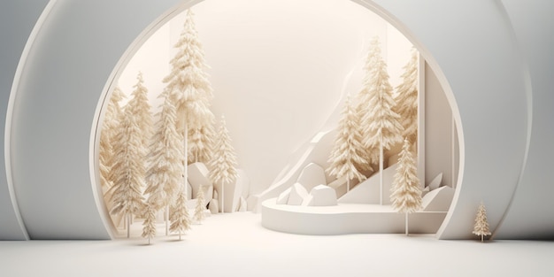 Ein 3D-Papiermodell einer verschneiten Landschaft mit Bäumen und Schnee.