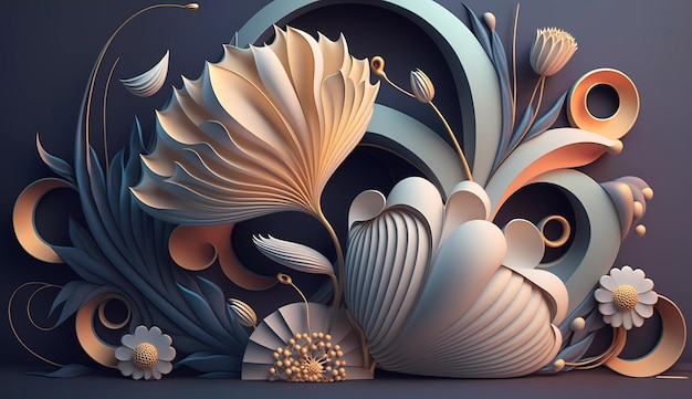 Ein 3D-Papierschnittdesign mit Blumen und Blättern.