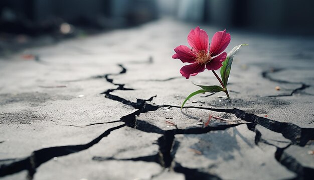 ein 3D-Poster mit einer einzigen realistischen Blume, die durch Risse im Bürgersteig wächst