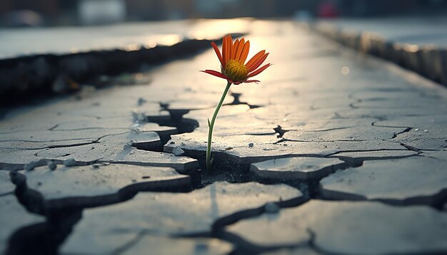 Foto ein 3d-poster mit einer einzigen realistischen blume, die durch risse im bürgersteig wächst