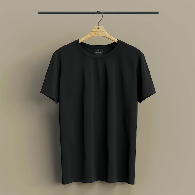 Ein 3D-Render-Foto eines schwarzen T-Shirts hängt an einem Aufhänger mit schlichtem Hintergrund