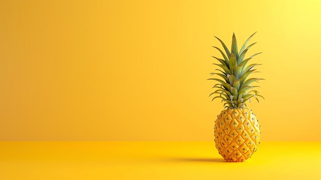 Ein 3D-Rendering einer Ananas auf einem gelben Hintergrund Die Ananas ist in Fokus und hat eine realistische Textur