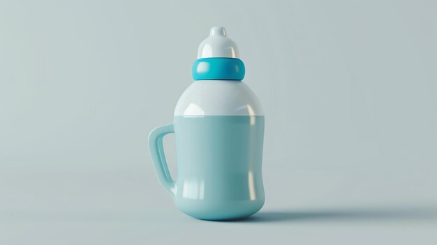 Ein 3D-Rendering einer blau-weißen Babyflasche Die Flasche ist aus Plastik und hat einen Griff Die Flaschen ist halb voll mit Milch