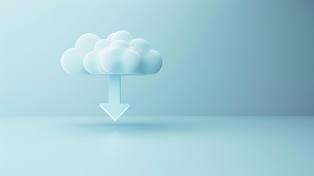 Ein 3D-Rendering einer flauschigen weißen Wolke mit einem blauen Pfeil, der nach unten zeigt. Die Wolke befindet sich auf einem blauen Hintergrund und es gibt einen blauen Boden.