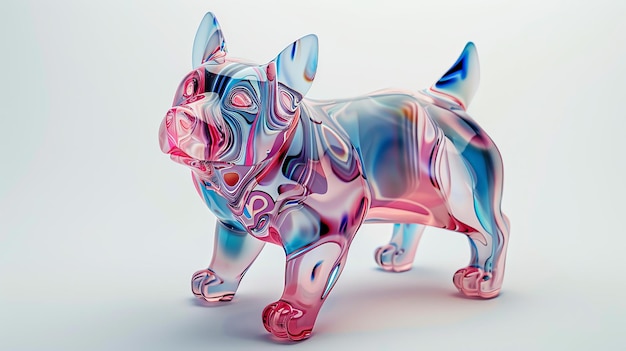 Foto ein 3d-rendering einer mehrfarbigen glasfigur eines französischen bulldogs die figur steht auf einer weißen oberfläche und wird durch ein weiches licht beleuchtet