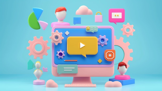 Ein 3D-Rendering einer Webseite mit Sprachblasen und Menschen