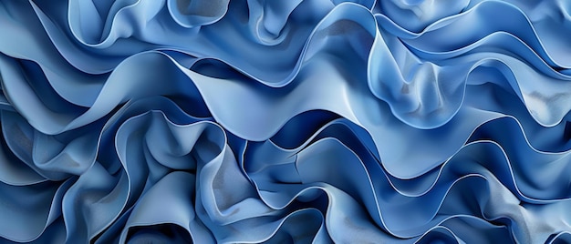 Ein 3D-Rendering eines abstrakten blauen Hintergrunds mit gefalteten Bändern, Makro und einer modischen Tapete mit welligen Schichten und Ruffeln