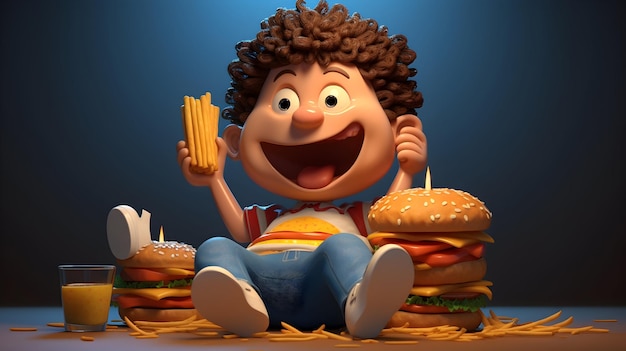 Ein 3D-Rendering eines jungen, fröhlichen 3D-Charakters, der sich beim Fastfood bücken lässt