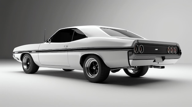Ein 3D-Rendering eines klassischen Muscle Cars aus den 1970er Jahren in Weiß mit einem schwarzen Rennstreifen Das Auto wird aus einem niedrigen Winkel und der hinteren drei Viertel-Ansicht gezeigt