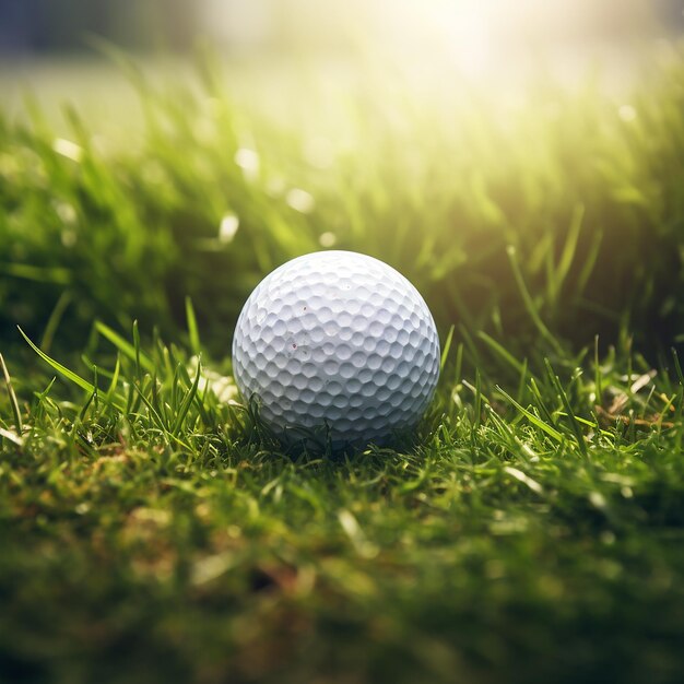 Ein 3D-Rendering eines nahen, realistischen Bildes eines Golfballs auf grasbewachsenem Boden in der Nähe des Bechers