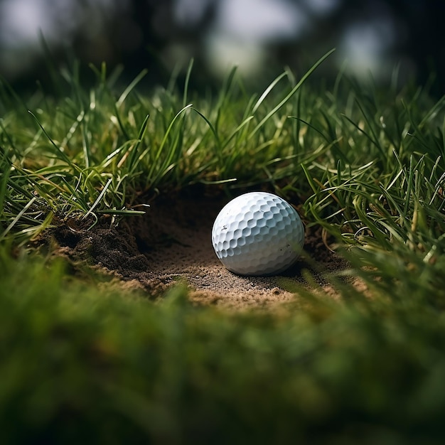 Ein 3D-Rendering eines nahen, realistischen Bildes eines Golfballs auf grasbewachsenem Boden in der Nähe des Bechers