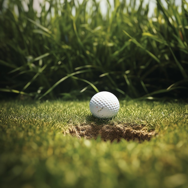 Ein 3D-Rendering eines nahen, realistischen Bildes eines Golfballs auf grasbewachsenem Boden in der Nähe des Bechers