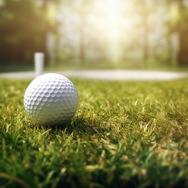 Ein 3D-Rendering eines nahen, realistischen Bildes eines Golfballs auf grasbewachsenem Boden in der Nähe des Bechers