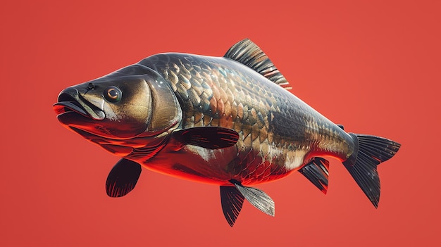 Foto ein 3d-rendering eines realistischen karpfen mit lichtreflektierenden schuppen der fisch wird von der seite aus betrachtet und ist auf einem roten hintergrund isoliert