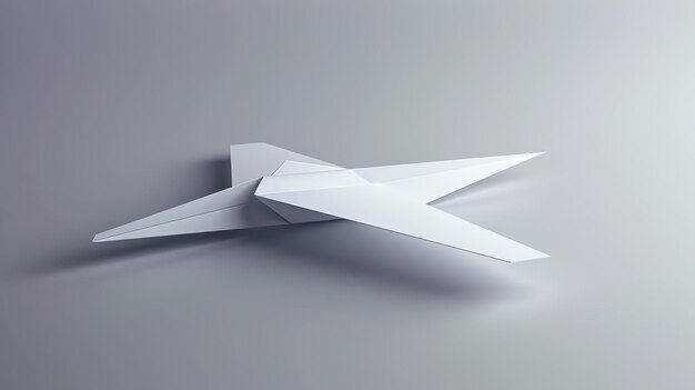 Ein 3D-Rendering eines weißen Papierflugzeugs auf weißem Hintergrund Das Flugzeug besteht aus einfachen geometrischen Formen und hat ein minimalistisches Design