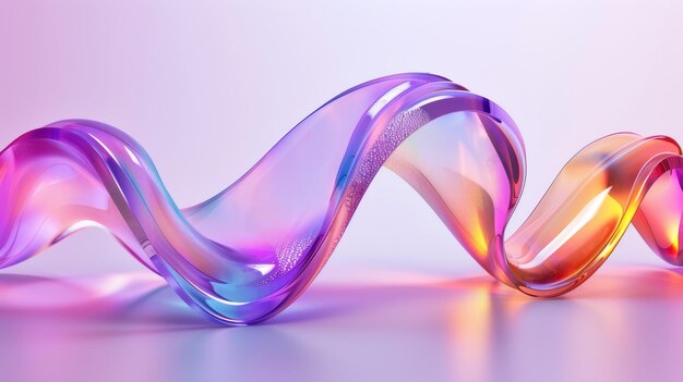 Ein 3D-Rendering eines welligen farbigen Glasbandes, das auf einem hellvioletten Hintergrund isoliert ist.