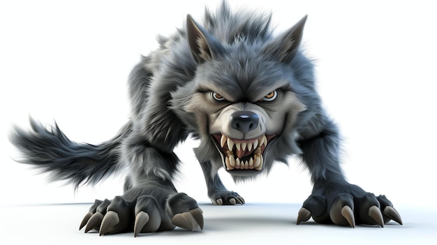 Ein 3D-Rendering eines Zeichentrickwolfs Der Wolf ist grau und hat einen weißen Bauch Er steht auf allen Vieren und hat seine Ohren hochgezogen