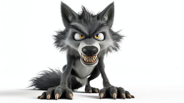 Ein 3D-Rendering eines Zeichentrickwolfs Der Wolf ist grau und hat gelbe Augen Er steht auf allen Vieren und hat seine Krallen heraus