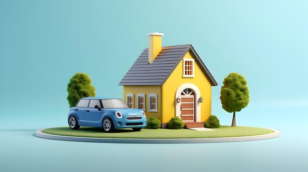 Ein 3D-Rendering mit einem Cartoon-Stil Auto fährt in Richtung eines einladenden Hauses mit einer offenen Tür