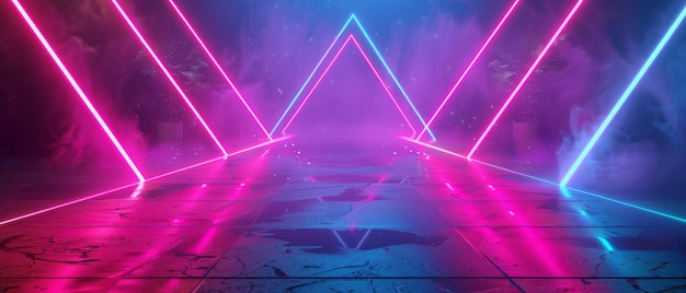 Ein 3D-Rendering von rosa-blauen Neon-Linien, geometrischen Formen, virtuellem Raum, ultraviolettem Licht, Retro-Disco-Mode-Lasershow, abstraktem Hintergrund, 8039-Stil-Retro-Disco, Modelasershow.