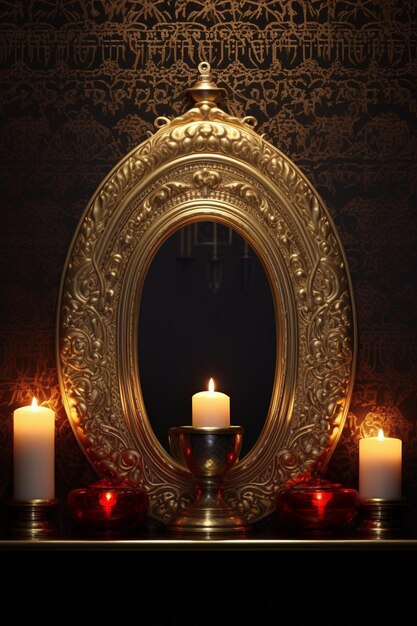 ein 3D-Stillleben eines traditionellen Spiegels und einer Kerze aus dem HaftSeen