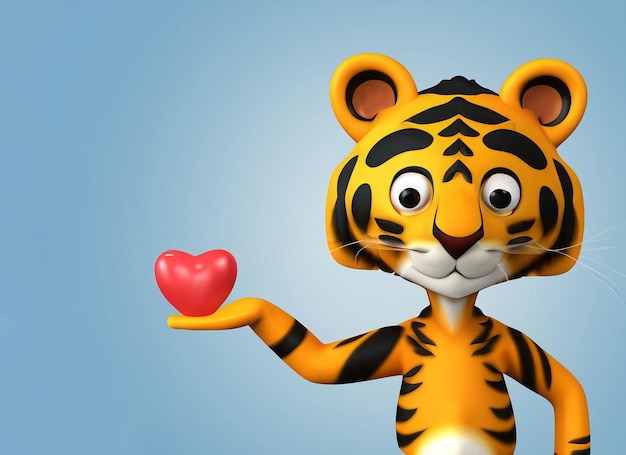 Ein 3D-Tiger hält ein rotes Herz in der Hand