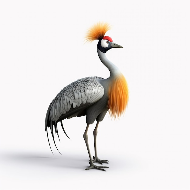 Ein 3D-Vogel Grauer gekrönter Kranich Zeichentrickfigur Ein Symbol für Anmut und Schönheit generative ai