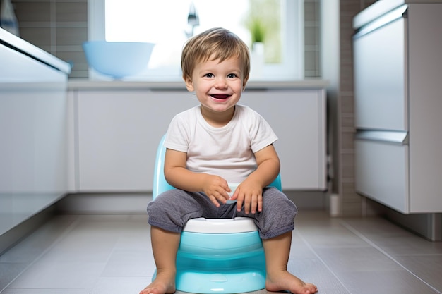 Foto ein 5-jähriger junge sitzt auf einer weißen toilette und lernt auf der toilette, wie man es alleine macht