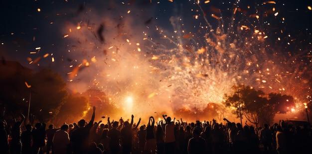 Ein Abend auf einem Musikfestival im Freien mit fliegendem Konfetti