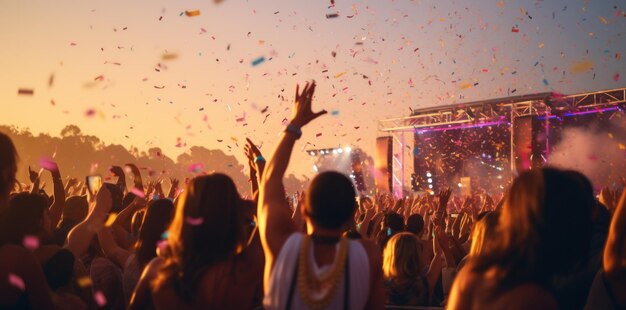 Ein Abend auf einem Musikfestival im Freien mit fliegendem Konfetti