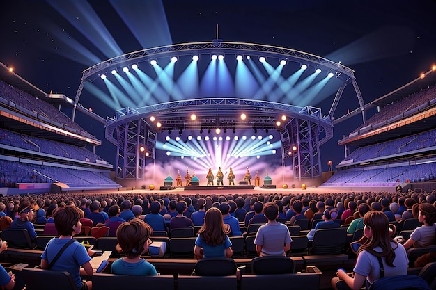 Ein abendliches Rockkonzert vor großem Publikum im Open-Air-Stadion mit Lasershow