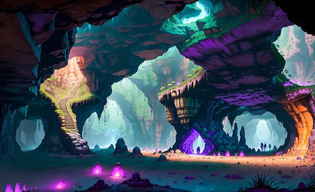 Ein Abenteuer in die tiefen Höhlen der Literatur. Eine magische Erkundung unterirdischer Höhlen. Neon Wonderland. Hochwertige generative KI-Nachbearbeitung