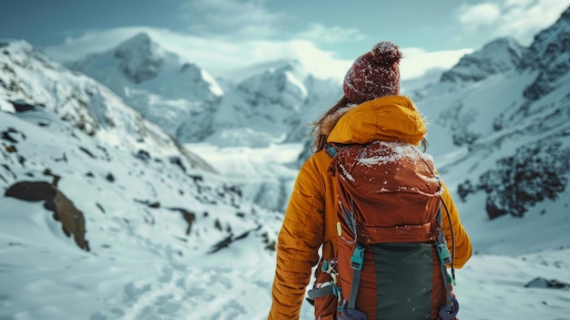 Ein abenteuerlustiger Entdecker wandert durch schneebedeckte Berge