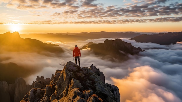 Ein Abenteurer steht bei Sonnenaufgang auf einem Berggipfel und bietet einen atemberaubenden Panoramablick