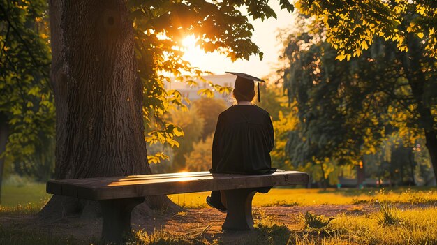 Ein Absolvent sitzt auf einer Bank und beobachtet den Sonnenuntergang und betrachtet die von der KI erzeugte