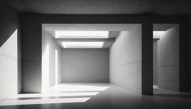 Ein abstrakter architektonischer Hintergrund, der durch 3D-Rendering erstellt wurde und einen leeren Raum mit Betonwänden zeigt, die mit hellem Licht beleuchtet werden