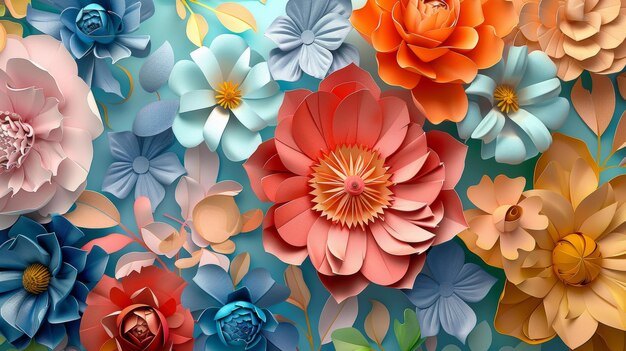 Ein abstrakter Hintergrund aus blumigen Kaleidoskopen, farbenfrohen Papierblumen und botanischen Ornamenten