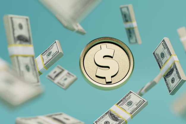 Ein abstrakter Hintergrund, der aus fliegenden Bündeln von Dollarnoten und einer Golddollarmünze 3D-Render besteht