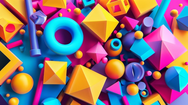 Ein abstrakter Hintergrund mit farbenfrohen primitiven geometrischen Formen bildet eine kreative Tapete in 3D