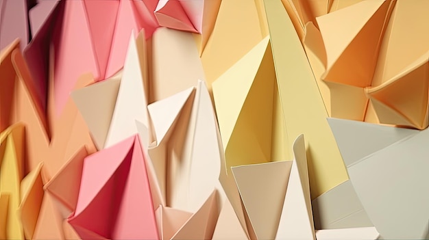 Ein abstrakter Origami-inspirierter Hintergrund mit einer Mischung aus weichen Pastellfarben und scharf gefalteten Papierformen, die ein Gefühl von Tiefe und Bewegung erzeugen, das von KI generiert wird