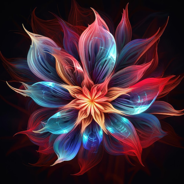 Ein abstraktes Bild einer fantastischen Blume, die mit neonleuchtenden Linien auf schwarzem Hintergrund gezeichnet ist