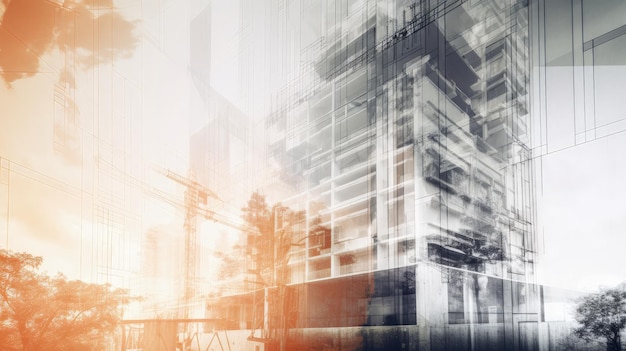 Ein abstraktes Foto eines Gebäudes mit Bäumen im Hintergrund, generative KI