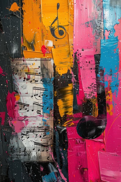 Ein abstraktes Gemälde mit lebendigen Farben und musikalischen Noten, die in der gesamten Komposition verstreut sind