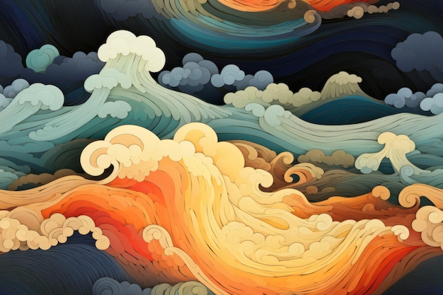 ein abstraktes Gemälde von Wellen und Wolken auf schwarzem Hintergrund