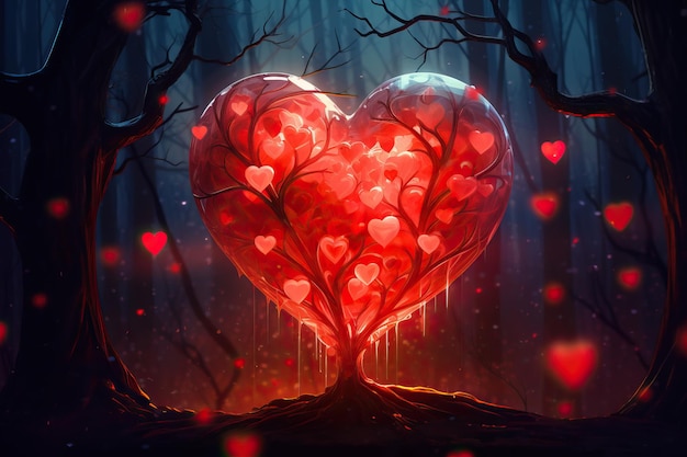ein abstraktes herzförmiges Licht gefüllt mit roten Herzen außerhalb eines Baumes im Stil von Cyril Rolando