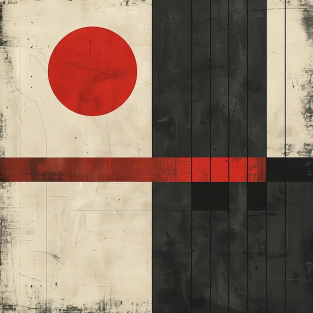 Ein abstraktes Poster mit einem leuchtend roten Kreis auf textierten schwarz-weißen Platten