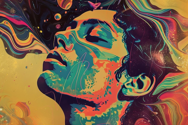 Ein abstraktes psychedelisches Kunstwerk mit einem lebendigen mehrfarbigen Porträt